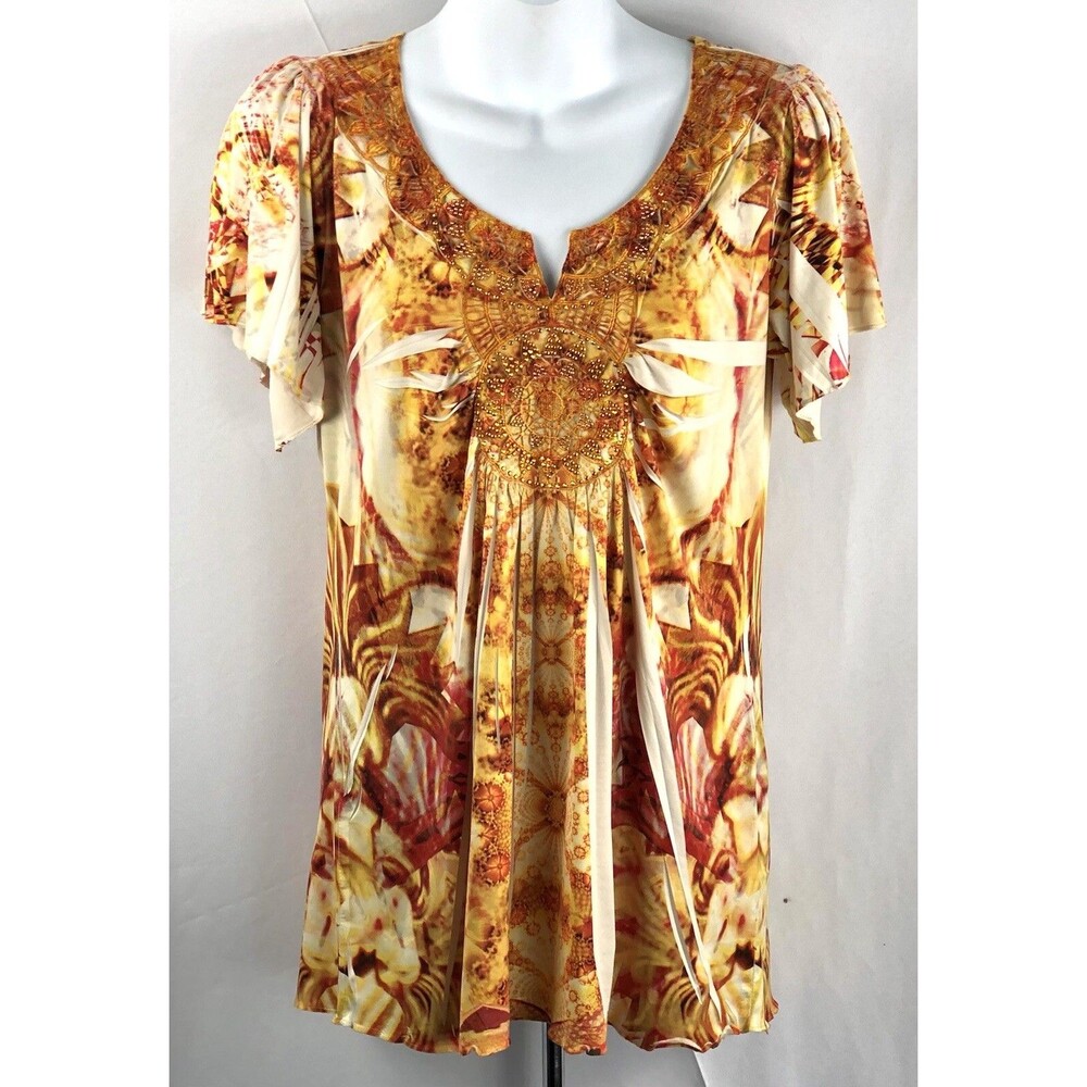 Covington Babydoll Top LP Orange Tie Dye Beaded Pleats Cutout V-Neck Hippie Boho